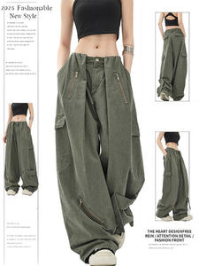 American Retro <span class=keywords><strong>Army</strong></span> Green <span class=keywords><strong>Pantalon</strong></span> large taille haute pour femmes Nouvelle salopette ample <span class=keywords><strong>Pantalon</strong></span> de vadrouille d'été avec style parachutiste Taille M - Product Image 2