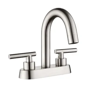 Deck-Mounted 3-Hole Bathroom Faucet Dual Handle Hot Cold Water Brushed Nickel Finish Brass 4'' Wash Basin Faucet