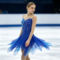 Robe de patinage et de danse dégradé bleu roi pour enfants et adultes, avec manches longues en maille nude et jupe superposée ornée de strass, pour compétition et spectacle de patinage sur glace