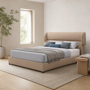 Cama Tapizada con Cabecera Curva y Borde Enrollado, Estructura de Plataforma Baja de Cuero Acolchado, Tamaño King, para Dormitorio de Invitados - Product Image 3