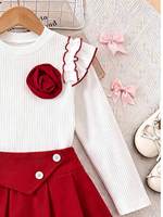Ensemble deux pièces pour filles : Haut côtelé à manches longues avec volants et fleurs + Jupe plissée évasée