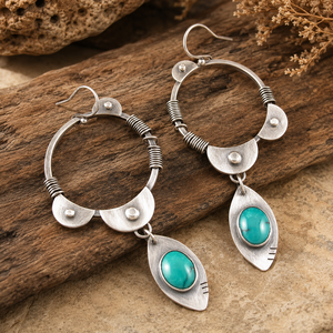 Orecchini Pendenti Vintage con Turchese Avvolto in Filo Metallico, Stile Etnico, Orecchini Statement per Donne - Product Image 3