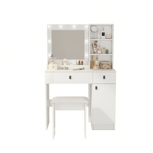 Coiffeuse blanche avec miroir éclairé à luminosité réglable, ensemble de meubles modernes pour chambre à coucher avec tiroirs de rangement et étagère - Product Image 1