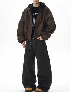 Kustom mode palsu dua potong kulit PU jalanan tinggi penutup ritsleting jaket Bomber bertudung tahan angin untuk pria produsen jaket - Product Image 3