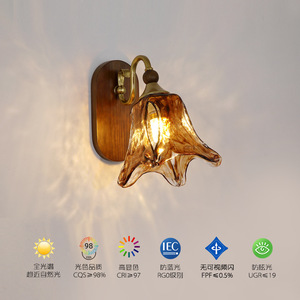 French Style Vintage Solid Wood Wall Lamp <b>Retro</b> Glass Shade Bedroom Bedside <b>Lighting</b> - Product Image 5