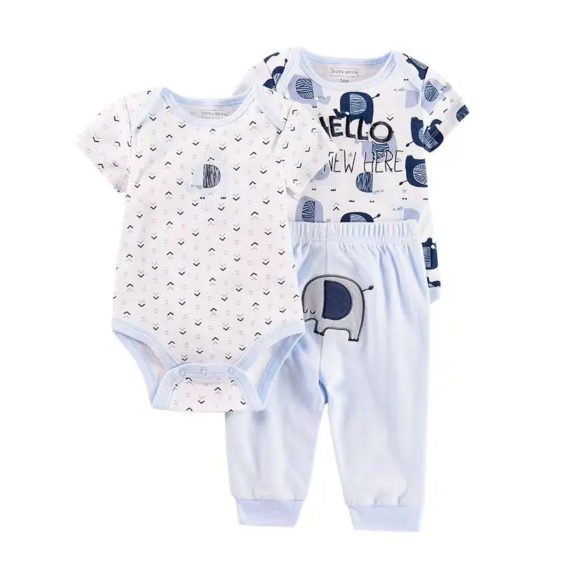 Set pakaian bayi baru 100% katun, setelan Onesie dan celana tiga potong