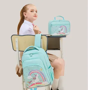 Çocuklar için öğle yemeği çanta seti ile OEM özel tasarım kitap çanta renkli Unicorn okul sırt çantaları