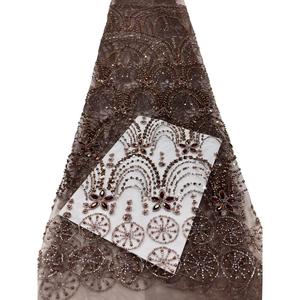 Nouveau design <span class=keywords><strong>France</strong></span>, dentelle perlée dorée, tissu en maille à sequins et perles pour robes de mariée - Product Image 3