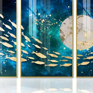 Bright Clear Wall Art Surrounded Fish Creativity Custom Size Design Wall Crystal Porcelain Painting With Fish For Home Decor