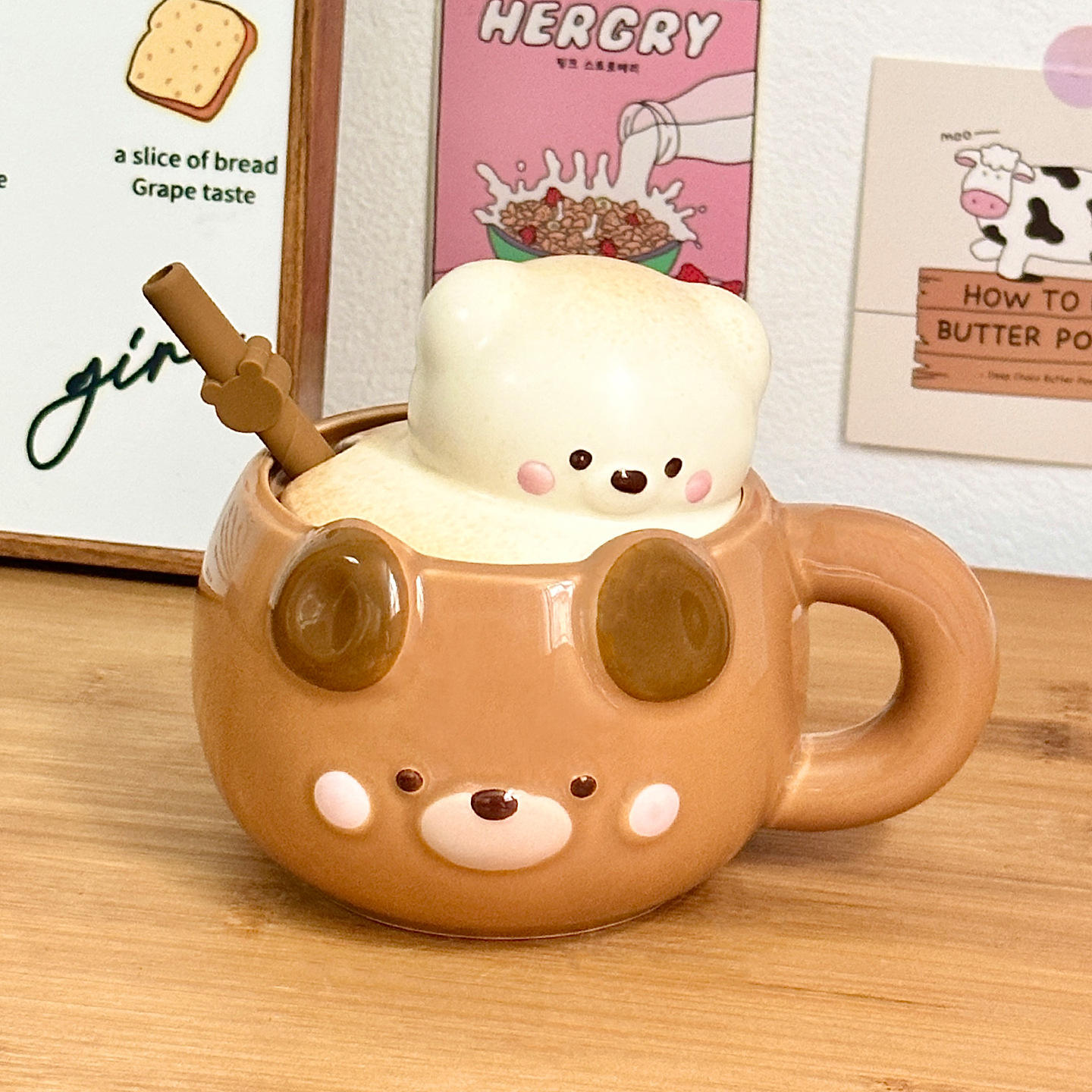 [ฝาซิลิโคนและหลอดดูด] แก้วอาหารเช้าลายหมี - สีน้ำตาล