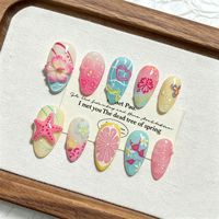 Ongles en amande thème plage faits à la main, 10 pièces, roses, avec fleurs 3D, étoiles de mer, tranches de citron et pois, pour l'été