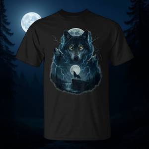 Camiseta con gráfico de lobo que ruge ante la luna, diseño de cuello redondo para hombre, color negro - Product Image 3