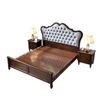 Lit double en bois massif démontable de style campagnard américain vintage 1800x2000mm avec tête de lit rembourrée en cuir pleine fleur