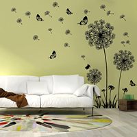 Autocollants muraux 3D en bois et PVC, art déco noir, pissenlit et papillon, autocollants floraux pour salon, chambre à coucher, décoration artistique pour la maison
