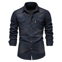 Chemise en jean pour homme, style décontracté, couleur unie, en Spandex/Coton, séchage rapide, manches longues, taille européenne, pour le commerce transfrontalier