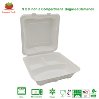 Contenedor de comida tipo clamshell de bagazo blanco de 9 pulgadas con 3 compartimentos, libre de PFAS, compostable, apto para microondas, con tapa, para preparación de comidas y comida para llevar