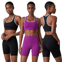 Ensemble de yoga 2 pièces pour femme, taille haute, effet push-up, short de sport respirant de haute qualité, couleur contrastante, coupe ajustée, pour la gym et le fitness