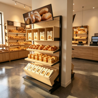 Étagère murale de présentation pour boulangerie commerciale, en acier et bois, armoire latérale pour pain, présentoir multi-compartiments pour pain emballé et en-cas