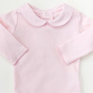Monogram Blank Roze En Witte Peter Pan Kraag Met Picot Versiering <span class=keywords><strong>Baby</strong></span> Onesie Lange Mouw Custom Puur Katoenen <span class=keywords><strong>Baby</strong></span> Bodysuit - Product Image 3