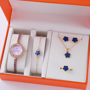 Ensemble de bijoux pour femme <span class=keywords><strong>avec</strong></span> montre à fleurs à cinq pétales porte-bonheur, 6 pièces, bracelet à fleurs + collier + boucles d'oreilles + bracelet + bague, anniversaire - Product Image 4