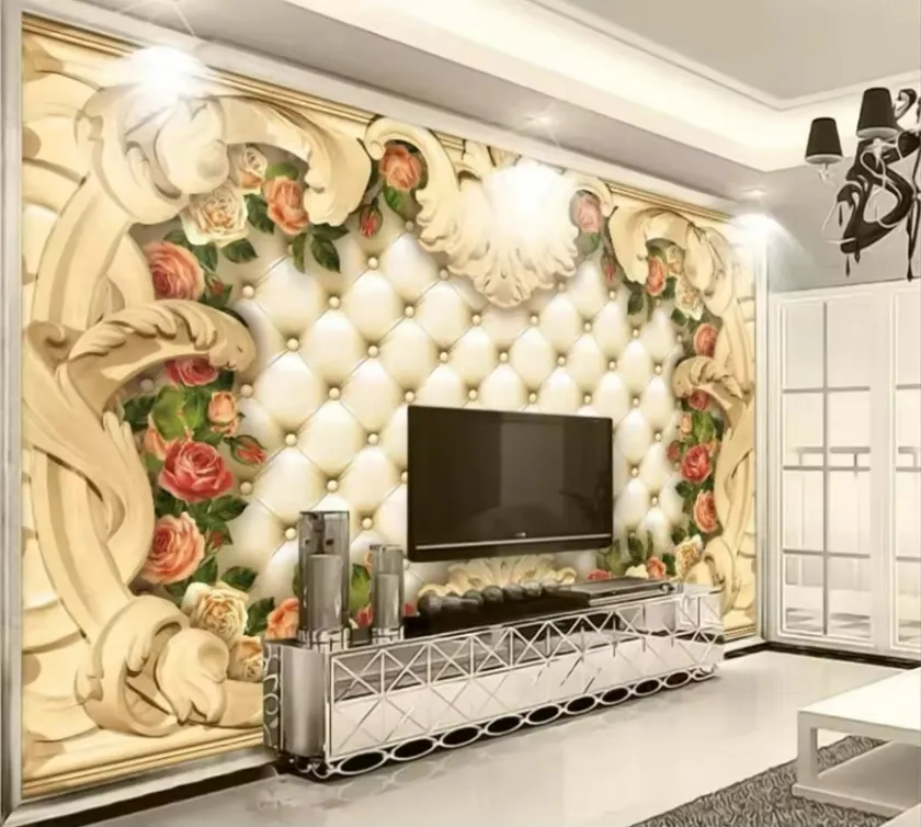 Tapete individuelles Wohnzimmer Schlafzimmer Wandbild europäische Grenze Luxus weiche Tasche abziehen und ankleben Wandbild Rose Wandmalerei