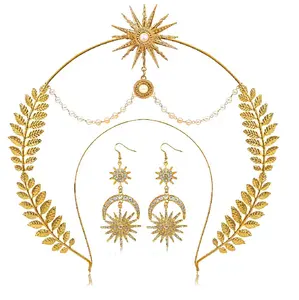 Luxus übertriebene Sonne Mond Sterne Tropfen Ohrringe Griechische Göttin Party Stirnband Schmuck Golden Boho Braut Hochzeit Kopf bedeckung