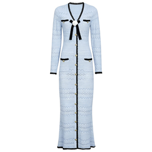 Nuovo Abito Lungo <span class=keywords><strong>in</strong></span> <span class=keywords><strong>Maglia</strong></span> alla Moda per Donne: <span class=keywords><strong>Maniche</strong></span> <span class=keywords><strong>Lunghe</strong></span>, Traforato, Scollo a V Bicolore con Bottoni Dorati, <span class=keywords><strong>Vestito</strong></span> Retrò da Festa - Product Image 2