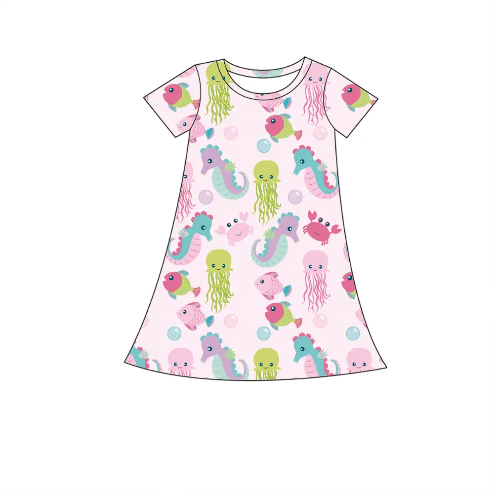 New Custom Toddler Girl Under The Sea Printed Night Dress Girls Fish Design Summer Kids T-shirt Dresses