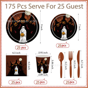 Halloween Ghost Pumpkin <b>Disposable</b> Tableware Set Paper <b>Plates</b> Cups Napkins Party Supplies Kit - Product Image 2