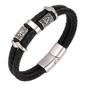Joyería de Alta Calidad Estilo Nórdico <span class=keywords><strong>para</strong></span> Hombre, Pulseras Trenzadas de Cuero Vintage, Pulsera de Acero Inoxidable con Cuentas Celtas - Product Image 1