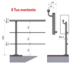 P110130-2 A4 Upright 42.4mm Offset <b>Handrail</b> for 2 Crossbeams Satin Finish AISI 316 Ground Height Fixed <b>Balustrades</b> <b>Handrails</b> - Product Image 1