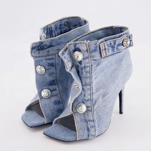 Summer Square Open Toe High-Heeled Short <b>Boots</b> Denim Ankle Women Stiletto Sandals Front Buckles Jeans Shoes - Product Image 1