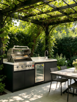 Centre de cuisson extérieur moderne et confortable avec barbecue au gaz intégré, évier en acier inoxydable et mini-réfrigérateur pour les barbecues de week-end en famille