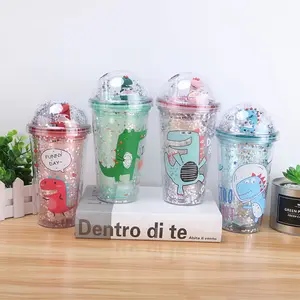 Vaso de plástico con dibujos de dinosaurios para verano, vaso creativo de doble pared de gel de hielo, vaso de plástico brillante con tapa de paja, novedad de 2020