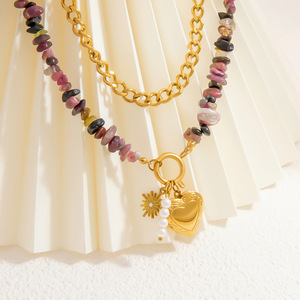 Collier pendentif cœur superposé en pierre naturelle, chaîne en acier inoxydable plaqué or 18 carats, bijou de mode pour clavicule - Product Image 1