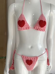 2024 Sexy Roze Boho Badpak Strandkleding Badpak Rood Hart Gehaakte String Kleine Bikini Badmode Voor Dames Valentijn Geschenken - Product Image 4
