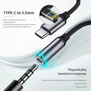 محول USB <span class=keywords><strong>C</strong></span> إلى ، محول أنثى مع DAC Hi Res صوت 24bit/kHz من النوع <span class=keywords><strong>C</strong></span> إلى headaux Jack Dongle كابل صوت نايلون مضفر - Product Image 4