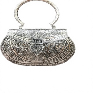 Handcrafted <b>Silver</b>-Plated Embossed Metal Luxury Ethnic Bridal <b>Clutch</b> Purse Intricate Floral Engraving Angel Theme for Weddings - Product Image 2