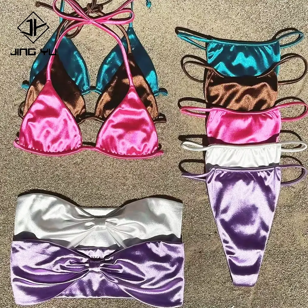 Swimsuit Manufacturer Satin Bikini Solid Shiny Bathingsuit Halter Bikinis   Beachwear Sexy Girl Swimsuit