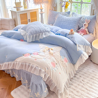 Parure de lit matelassée en velours de lait polyester 4 pièces, couvre-lit romantique avec nœuds et broderies appliquées, bleu