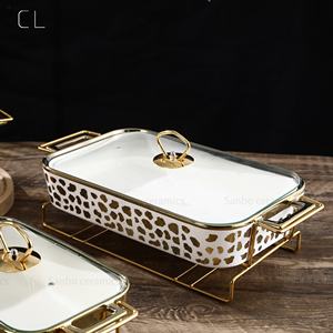 Plaques de cuisson rectangulaires en céramique avec couvercle en verre, de Style luxueux, 10/12/14 pouces, surdorées, chauffage des aliments - Product Image 5