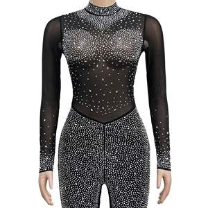 Combinaison de Soirée Sexy à Manches Longues en Maille Transparente avec Strass pour Femme, Barboteuse Tendance pour Fête en Club - Product Image 5
