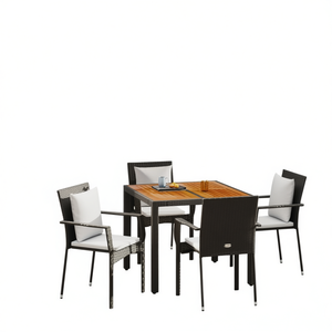 Black <b>Rattan</b> Garden <b>Dining</b> Set 4 Seater Teak <b>Table</b> Steel Frame Weather Resistant Outdoor Furniture Contemporary Design - Product Image 1