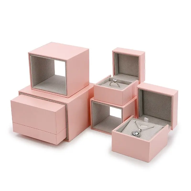 Vente en gros de luxe, boîte à bagues en cuir Pu rose blanc, emballage de bijoux, boîte-cadeau avec boîte extérieure