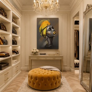 Quadro da Parete con Ritratto Dorato, Stampa su Tela Donna Africana a Colori Selettivi, Copricapo Giallo Metallizzato, Orecchini Argentati, Decorazione Contemporanea - Product Image 1