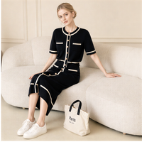 Ensemble deux pièces chic français : Cardigan en maille et jupe taille haute pour femme, manches courtes, minimaliste, décontracté, élégant, anti-plis, longueur genou, idéal pour l'été.