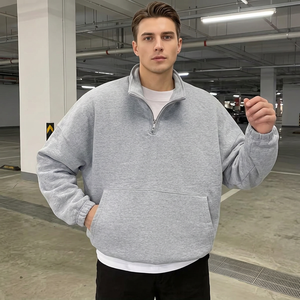 Men's Quarter Zip <b>Sweatshirt</b> Oversized Regular Fit Solid Gray 100% Cotton Fleece Eco-Friendly 480g Minimalist Autumn Wear - Product Image 5