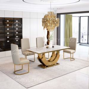 Ensemble de table et de chaises de salle à manger en acier inoxydable avec plateau en marbre moderne et luxueux pour la maison ou la restauration, 6 places, personnalisable - Product Image 5