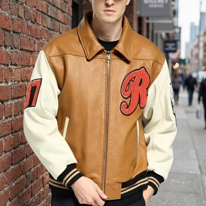 Blouson universitaire pour homme en cuir de vachette véritable, couleur crème beige, à blocs de couleur, col rabattu, fermeture éclair, lettres brodées, style décontracté, fournisseur - Product Image 3