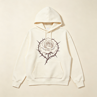 Sweat à capuche oversize blanc ivoire avec broderie Rose Épine et accent en strass, poche, style streetwear